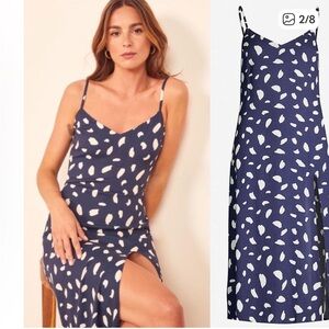 REFORMATION Navy and White Sleeveless midi Dress